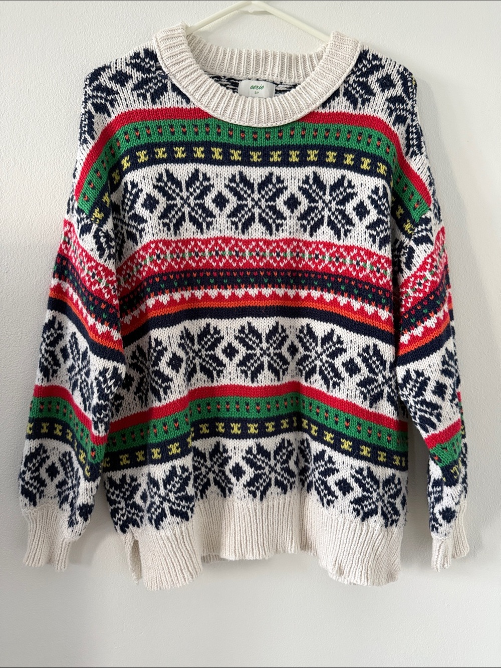 Aerie Navy, White, Red & Green Fair Isle Crewneck Sweater
